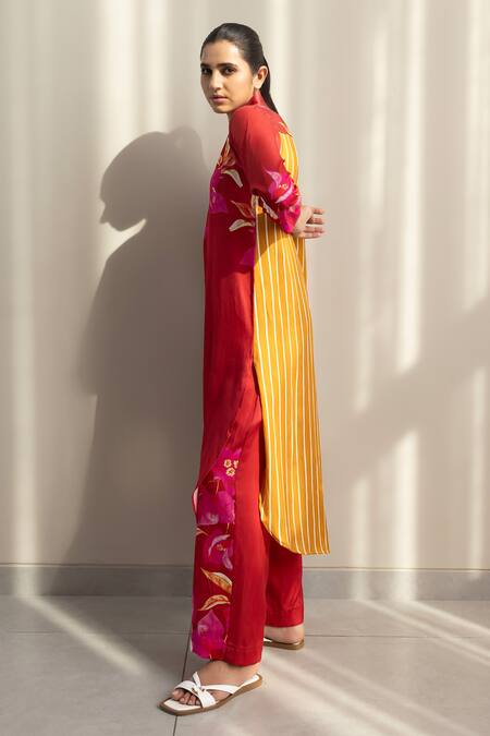 Shop Studio Surbhi Red Cotton, Silk Embroidery V-neck Floral Stripe Print Kurta And Pant Set Online at Aza Fashions Shop_Studio Surbhi_Red Cotton, Silk Embroidery V-neck Floral Stripe Print Kurta And Pant Set _Online_at_Aza_Fashions