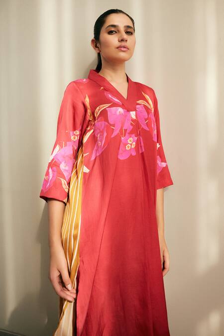 Studio Surbhi Red Cotton, Silk Embroidery V-neck Floral Stripe Print Kurta And Pant Set at Aza Fashions Studio Surbhi_Red Cotton, Silk Embroidery V-neck Floral Stripe Print Kurta And Pant Set _at_Aza_Fashions