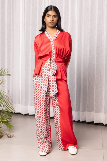 Studio Surbhi_Red Cotton, Silk Embroidery V-neck Geometric Floral Print Wrap Top And Pant Set _Online_at_Aza_Fashions