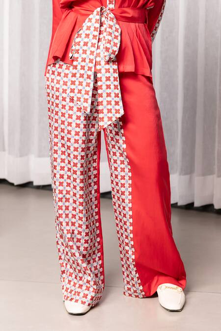 Buy_Studio Surbhi_Red Cotton, Silk Embroidery V-neck Geometric Floral Print Wrap Top And Pant Set _Online_at_Aza_Fashions