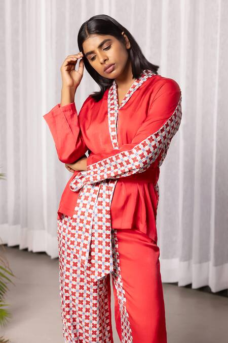Shop_Studio Surbhi_Red Cotton, Silk Embroidery V-neck Geometric Floral Print Wrap Top And Pant Set _Online_at_Aza_Fashions