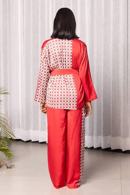 Shop_Studio Surbhi_Red Cotton, Silk Embroidery V-neck Geometric Floral Print Wrap Top And Pant Set _at_Aza_Fashions