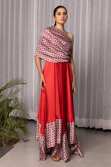 Studio Surbhi Red Georgette, Satin Embroidery One Shoulder Geometric Floral Print Dress Online at Aza Fashions Studio Surbhi_Red Georgette, Satin Embroidery One Shoulder Geometric Floral Print Dress _Online_at_Aza_Fashions