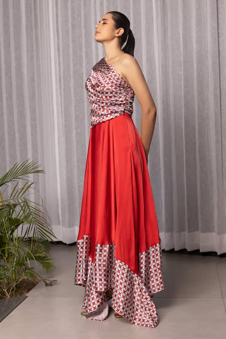 Buy Studio Surbhi Red Georgette, Satin Embroidery One Shoulder Geometric Floral Print Dress Online at Aza Fashions Buy_Studio Surbhi_Red Georgette, Satin Embroidery One Shoulder Geometric Floral Print Dress _Online_at_Aza_Fashions