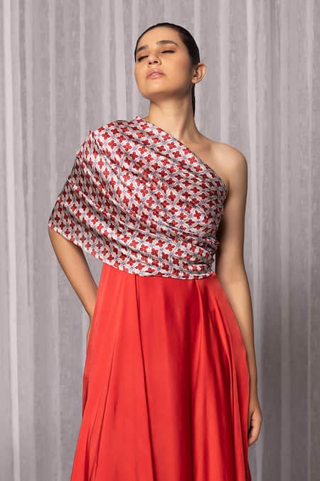 Shop Studio Surbhi Red Georgette, Satin Embroidery One Shoulder Geometric Floral Print Dress Online at Aza Fashions Shop_Studio Surbhi_Red Georgette, Satin Embroidery One Shoulder Geometric Floral Print Dress _Online_at_Aza_Fashions
