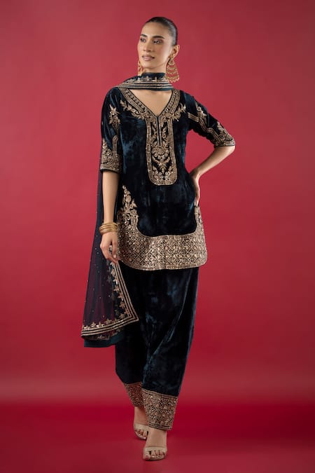Buy_Raj Arora_Blue Velvet, Chiffon Sequins, Zari, Cut Work And Embroidered Kurta Salwar Set _Online_at_Aza_Fashions
