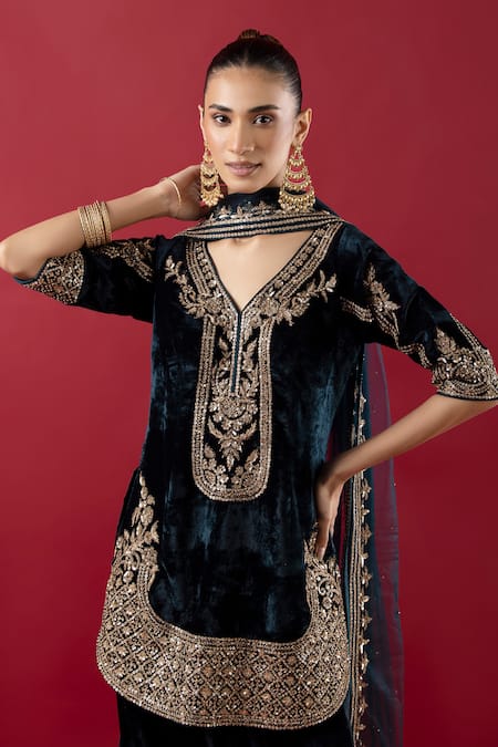 Shop_Raj Arora_Blue Velvet, Chiffon Sequins, Zari, Cut Work And Embroidered Kurta Salwar Set _Online_at_Aza_Fashions