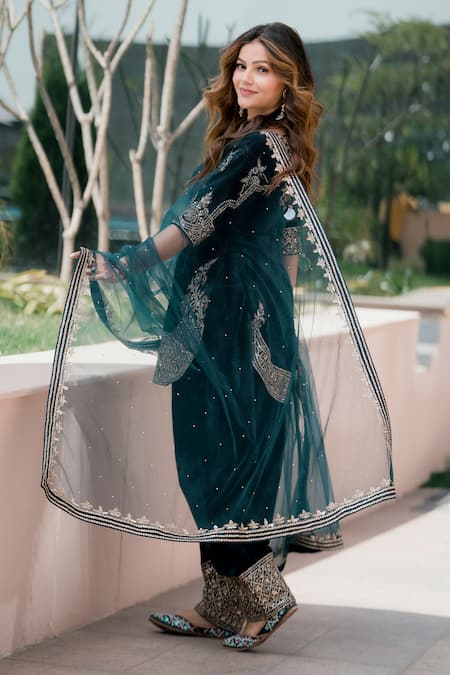 Raj Arora_Blue Velvet, Chiffon Sequins, Zari, Cut Work And Embroidered Kurta Salwar Set _at_Aza_Fashions