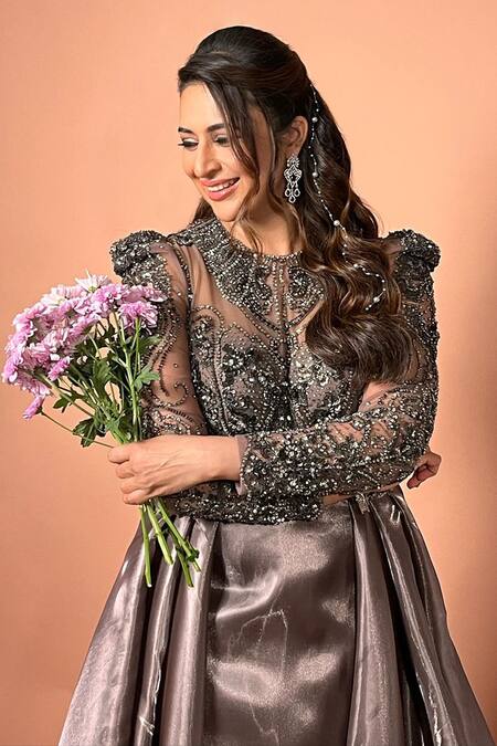 Raj Arora_Brown Net Embroidered Crystal Round The Cascade Gown _Online_at_Aza_Fashions