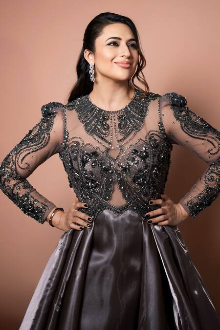 Shop_Raj Arora_Brown Net Embroidered Crystal Round The Cascade Gown _Online_at_Aza_Fashions