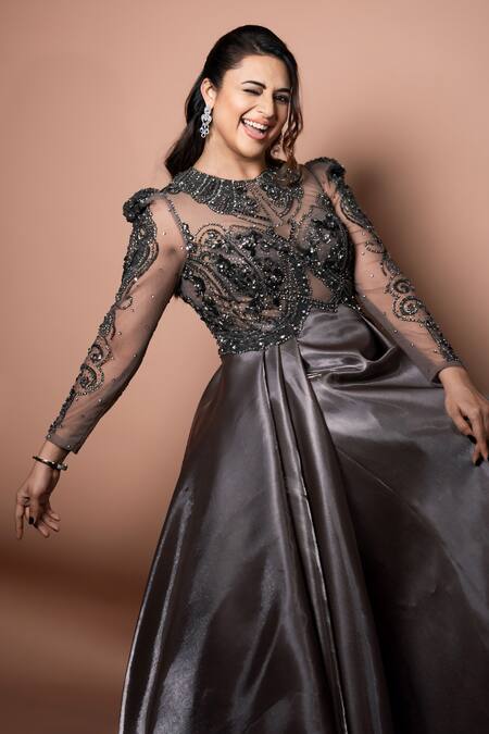 Raj Arora_Brown Net Embroidered Crystal Round The Cascade Gown _at_Aza_Fashions
