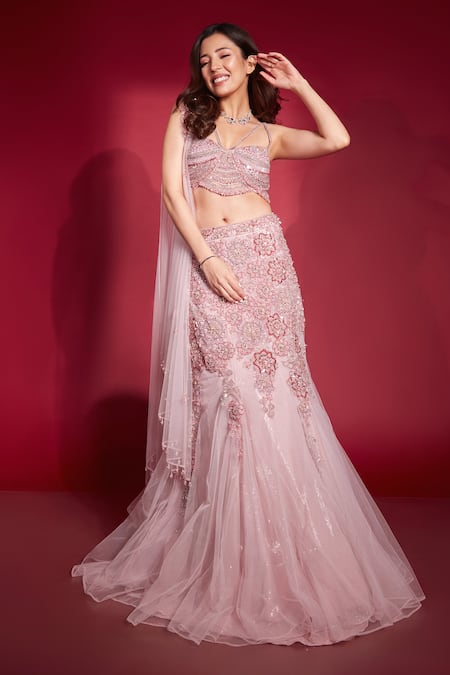 RAJ ARORA Pink Net Embroidered Crystal Square Rebecca Fish Cut Lehenga Set 