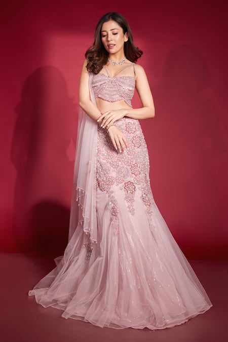 Buy_Raj Arora_Pink Net Crystals, Sequins Square Neck Rebecca Fish Cut Lehenga Set _Online_at_Aza_Fashions
