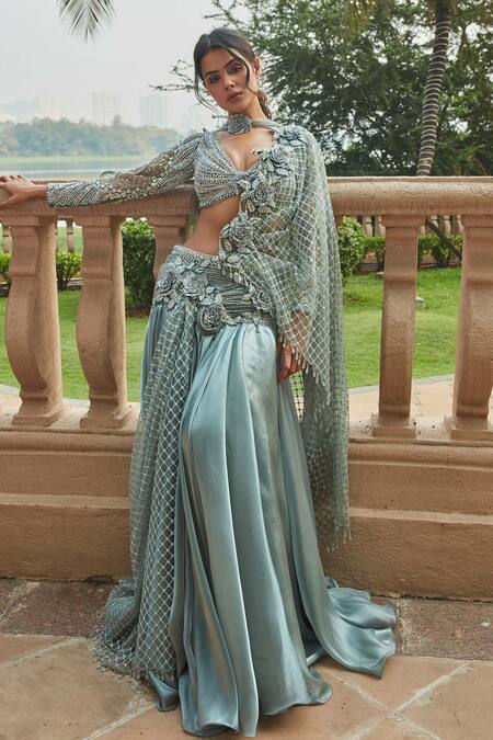Buy_Raj Arora_Green Organza Embroidery, Sequins, Mirrors V-neck 3d Rose Lehenga Set _Online_at_Aza_Fashions