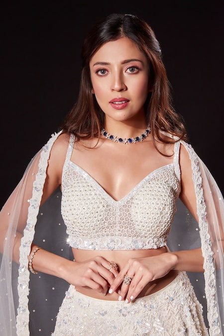 Buy_Raj Arora_Ivory Net Cut Work, Sequins V-neck Majesty Embroidered Lehenga Set _Online_at_Aza_Fashions