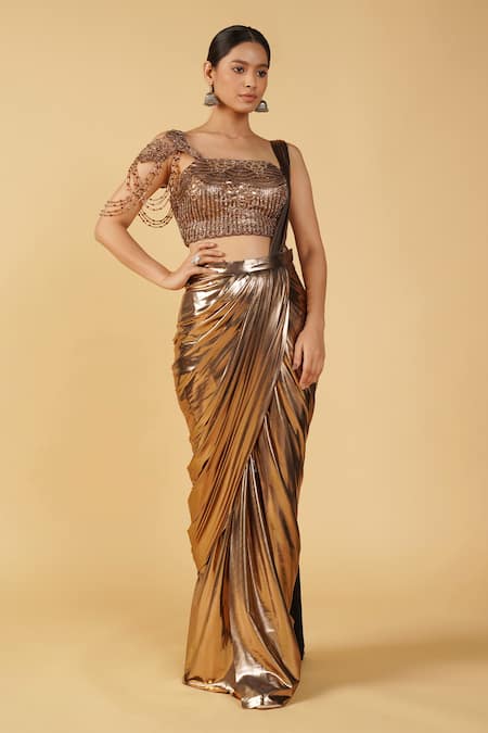 Shop_Raj Arora_Gold Leather, Lycra Crystals, Beads One Metallic Pre-draped Saree With Blouse _Online_at_Aza_Fashions