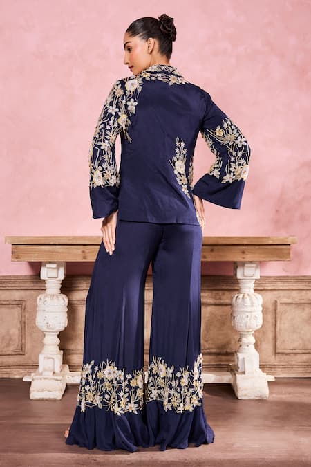 Shop Krisha Sunny Ramani Blue Chiffon Sequins, Cut Work, Beads Floral Embroidered Blazer With Pant at Aza Fashions Shop_Krisha Sunny Ramani_Blue Chiffon Sequins, Cut Work, Beads Floral Embroidered Blazer With Pant _at_Aza_Fashions