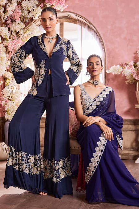 Krisha Sunny Ramani Blue Chiffon Sequins, Cut Work, Beads Floral Embroidered Blazer With Pant Online at Aza Fashions Krisha Sunny Ramani_Blue Chiffon Sequins, Cut Work, Beads Floral Embroidered Blazer With Pant _Online_at_Aza_Fashions