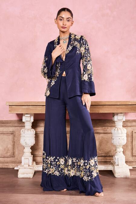 Shop Krisha Sunny Ramani Blue Chiffon Sequins, Cut Work, Beads Floral Embroidered Blazer With Pant Online at Aza Fashions Shop_Krisha Sunny Ramani_Blue Chiffon Sequins, Cut Work, Beads Floral Embroidered Blazer With Pant _Online_at_Aza_Fashions