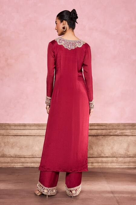 Shop Krisha Sunny Ramani Maroon Chiffon Sequins, Zari, Embroidery V-neck Dori Kurta With Pant at Aza Fashions Shop_Krisha Sunny Ramani_Maroon Chiffon Sequins, Zari, Embroidery V-neck Dori Kurta With Pant _at_Aza_Fashions