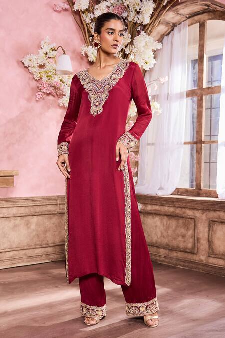 Krisha Sunny Ramani Maroon Chiffon Sequins, Zari, Embroidery V-neck Dori Kurta With Pant Online at Aza Fashions Krisha Sunny Ramani_Maroon Chiffon Sequins, Zari, Embroidery V-neck Dori Kurta With Pant _Online_at_Aza_Fashions