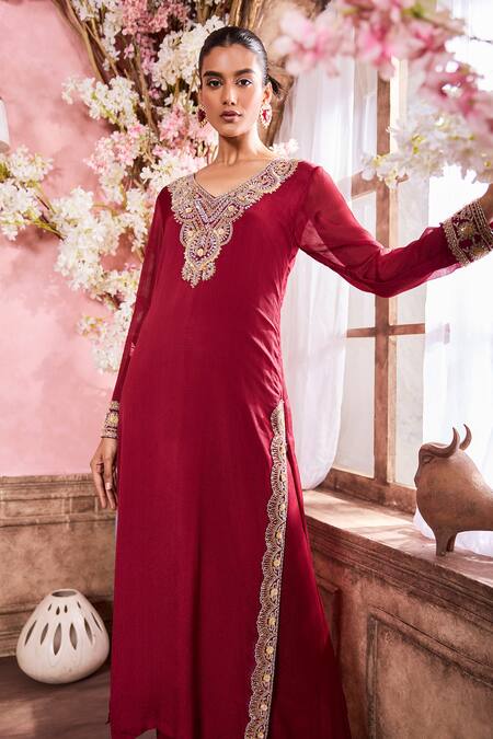 Buy Krisha Sunny Ramani Maroon Chiffon Sequins, Zari, Embroidery V-neck Dori Kurta With Pant Online at Aza Fashions Buy_Krisha Sunny Ramani_Maroon Chiffon Sequins, Zari, Embroidery V-neck Dori Kurta With Pant _Online_at_Aza_Fashions