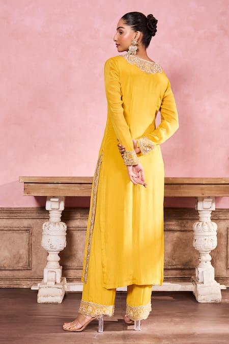 Shop Krisha Sunny Ramani Yellow Chiffon Cut Work, Sequins, Embroidery Dori And Resham Kurta With Pant at Aza Fashions Shop_Krisha Sunny Ramani_Yellow Chiffon Cut Work, Sequins, Embroidery Dori And Resham Kurta With Pant _at_Aza_Fashions
