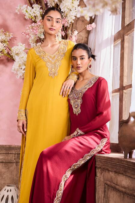 Krisha Sunny Ramani Yellow Chiffon Cut Work, Sequins, Embroidery Dori And Resham Kurta With Pant Online at Aza Fashions Krisha Sunny Ramani_Yellow Chiffon Cut Work, Sequins, Embroidery Dori And Resham Kurta With Pant _Online_at_Aza_Fashions