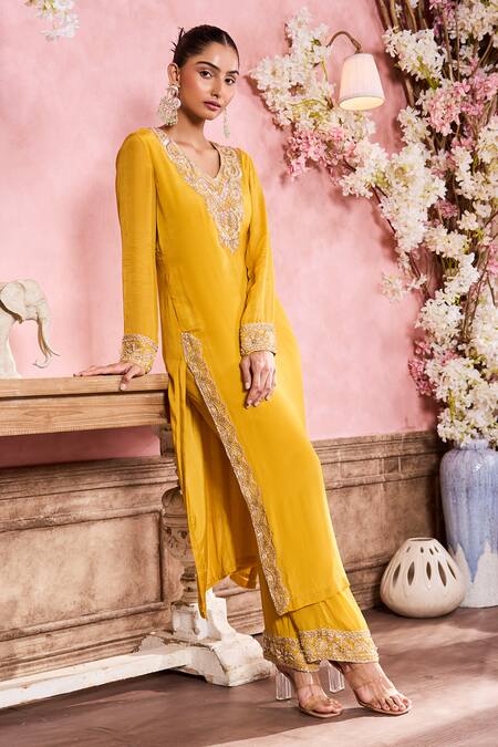 Buy Krisha Sunny Ramani Yellow Chiffon Cut Work, Sequins, Embroidery Dori And Resham Kurta With Pant Online at Aza Fashions Buy_Krisha Sunny Ramani_Yellow Chiffon Cut Work, Sequins, Embroidery Dori And Resham Kurta With Pant _Online_at_Aza_Fashions