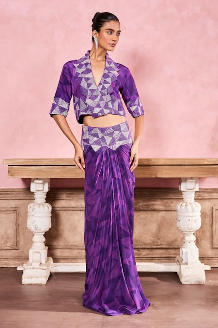 Krisha sunny Ramani Purple Crepe Embroidered Stone V-neck Geometric Hand Jacket With Skirt 