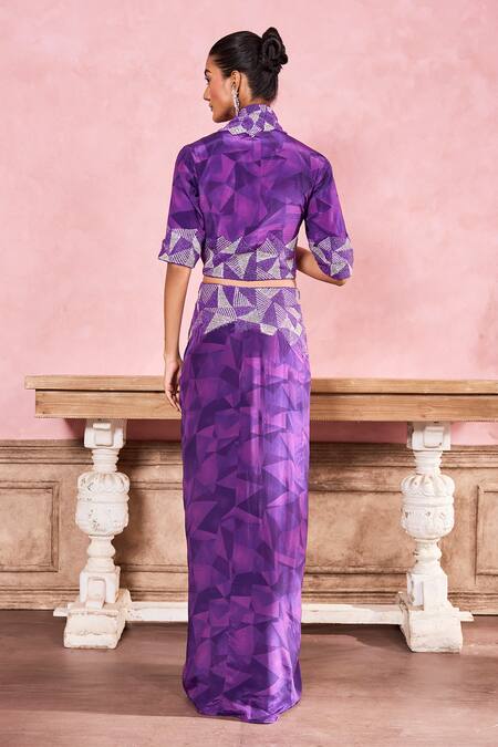 Shop Krisha Sunny Ramani Purple Crepe Beads, Stones, Embroidery V-neck Geometric Hand Jacket With Skirt at Aza Fashions Shop_Krisha Sunny Ramani_Purple Crepe Beads, Stones, Embroidery V-neck Geometric Hand Jacket With Skirt _at_Aza_Fashions