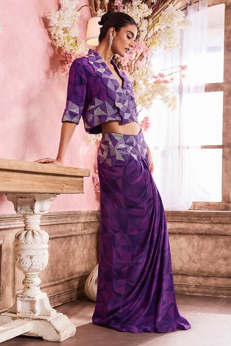 Krisha Sunny Ramani Purple Crepe Beads, Stones, Embroidery V-neck Geometric Hand Jacket With Skirt Online at Aza Fashions Krisha Sunny Ramani_Purple Crepe Beads, Stones, Embroidery V-neck Geometric Hand Jacket With Skirt _Online_at_Aza_Fashions