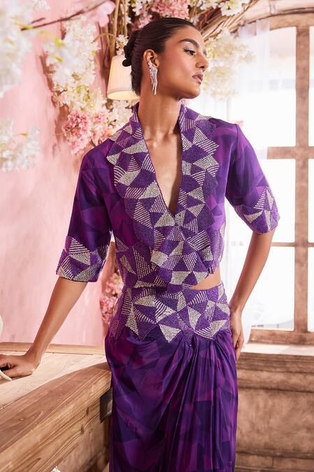 Buy Krisha Sunny Ramani Purple Crepe Beads, Stones, Embroidery V-neck Geometric Hand Jacket With Skirt Online at Aza Fashions Buy_Krisha Sunny Ramani_Purple Crepe Beads, Stones, Embroidery V-neck Geometric Hand Jacket With Skirt _Online_at_Aza_Fashions