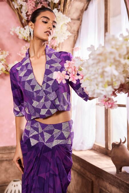 Shop Krisha Sunny Ramani Purple Crepe Beads, Stones, Embroidery V-neck Geometric Hand Jacket With Skirt Online at Aza Fashions Shop_Krisha Sunny Ramani_Purple Crepe Beads, Stones, Embroidery V-neck Geometric Hand Jacket With Skirt _Online_at_Aza_Fashions