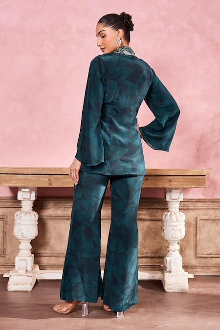 Shop Krisha Sunny Ramani Green Crepe Beads, Stones Asymmetric Geometric Hand Embroidered Jacket With Pant at Aza Fashions Shop_Krisha Sunny Ramani_Green Crepe Beads, Stones Asymmetric Geometric Hand Embroidered Jacket With Pant _at_Aza_Fashions