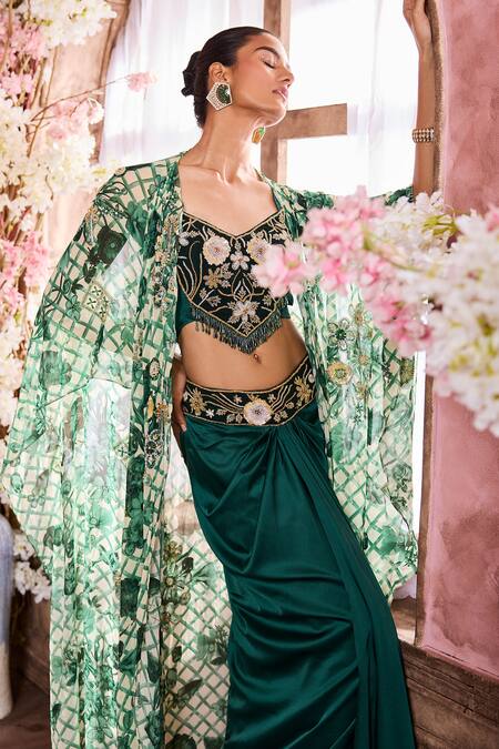 Shop_Krisha Sunny Ramani_Green Crepe, Georgette Sequins, Geometric Hand Embroidered Skirt Set With Cape _Online_at_Aza_Fashions
