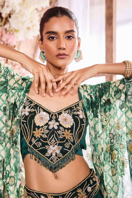Krisha Sunny Ramani_Green Crepe, Georgette Sequins, Geometric Hand Embroidered Skirt Set With Cape _at_Aza_Fashions