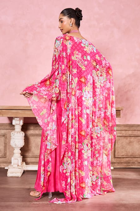 Shop Krisha Sunny Ramani Pink Crepe, Georgette Sequins, Geometric Hand Embroidered Gharara Set With Cape at Aza Fashions Shop_Krisha Sunny Ramani_Pink Crepe, Georgette Sequins, Geometric Hand Embroidered Gharara Set With Cape _at_Aza_Fashions
