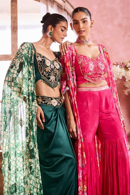 Krisha Sunny Ramani Pink Crepe, Georgette Sequins, Geometric Hand Embroidered Gharara Set With Cape Online at Aza Fashions Krisha Sunny Ramani_Pink Crepe, Georgette Sequins, Geometric Hand Embroidered Gharara Set With Cape _Online_at_Aza_Fashions