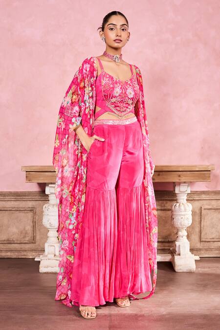 Shop Krisha Sunny Ramani Pink Crepe, Georgette Sequins, Geometric Hand Embroidered Gharara Set With Cape Online at Aza Fashions Shop_Krisha Sunny Ramani_Pink Crepe, Georgette Sequins, Geometric Hand Embroidered Gharara Set With Cape _Online_at_Aza_Fashions