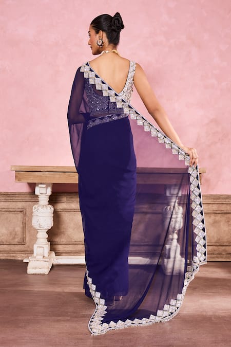 Shop Krisha Sunny Ramani Blue Georgette Sequins, Beads, Crystals Embroidered Pre-draped Saree With Blouse at Aza Fashions Shop_Krisha Sunny Ramani_Blue Georgette Sequins, Beads, Crystals Embroidered Pre-draped Saree With Blouse _at_Aza_Fashions