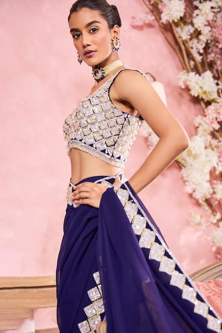 Buy Krisha Sunny Ramani Blue Georgette Sequins, Beads, Crystals Embroidered Pre-draped Saree With Blouse Online at Aza Fashions Buy_Krisha Sunny Ramani_Blue Georgette Sequins, Beads, Crystals Embroidered Pre-draped Saree With Blouse _Online_at_Aza_Fashions