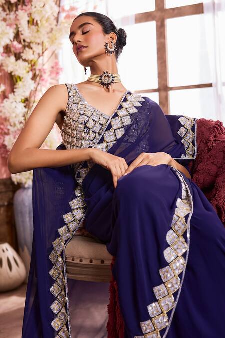 Shop Krisha Sunny Ramani Blue Georgette Sequins, Beads, Crystals Embroidered Pre-draped Saree With Blouse Online at Aza Fashions Shop_Krisha Sunny Ramani_Blue Georgette Sequins, Beads, Crystals Embroidered Pre-draped Saree With Blouse _Online_at_Aza_Fashions