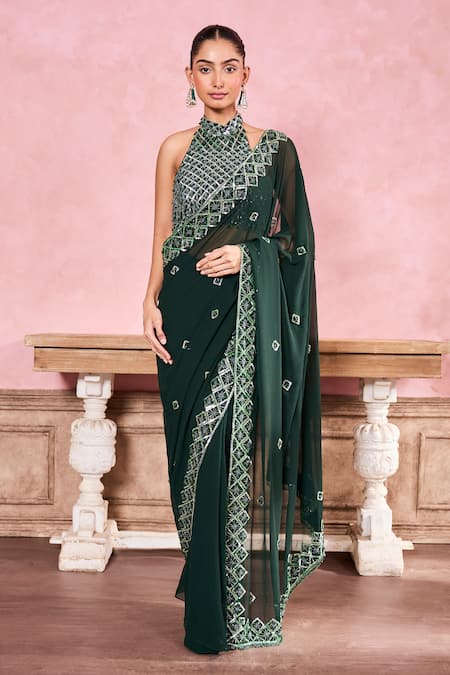 Krisha sunny Ramani Beads Embroidered Pre-Draped Saree With Blouse 