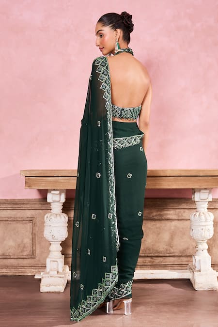 Shop Krisha Sunny Ramani Green Georgette Sequins, Beads Halter Embroidered Pre-draped Saree With Blouse at Aza Fashions Shop_Krisha Sunny Ramani_Green Georgette Sequins, Beads Halter Embroidered Pre-draped Saree With Blouse _at_Aza_Fashions
