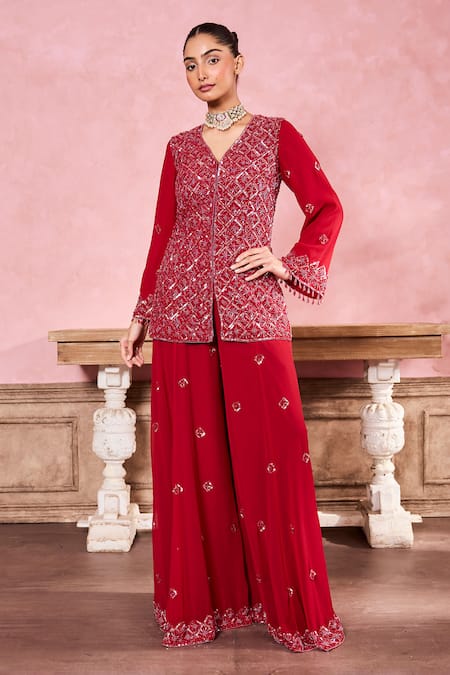 Krisha sunny Ramani Red Georgette Embroidered Sequin V-neck Kurta With Sharara 