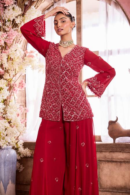 Krisha Sunny Ramani_Red Georgette Crystals, Sequins, Beads V-neck Embroidered Kurta With Sharara _Online_at_Aza_Fashions
