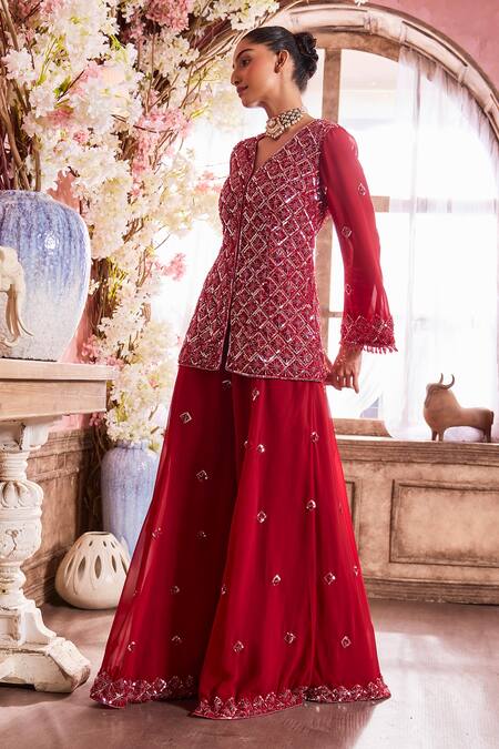 Buy_Krisha Sunny Ramani_Red Georgette Crystals, Sequins, Beads V-neck Embroidered Kurta With Sharara _Online_at_Aza_Fashions