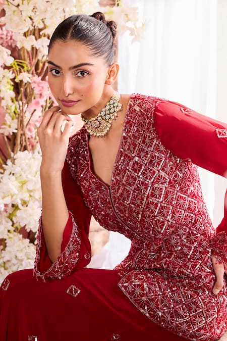 Shop_Krisha Sunny Ramani_Red Georgette Crystals, Sequins, Beads V-neck Embroidered Kurta With Sharara _Online_at_Aza_Fashions