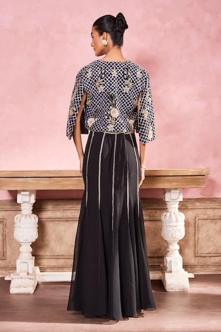 Shop Krisha Sunny Ramani Black Georgette Beads, Sequins V-neck Embroidered Cape With Skirt Set at Aza Fashions Shop_Krisha Sunny Ramani_Black Georgette Beads, Sequins V-neck Embroidered Cape With Skirt Set _at_Aza_Fashions